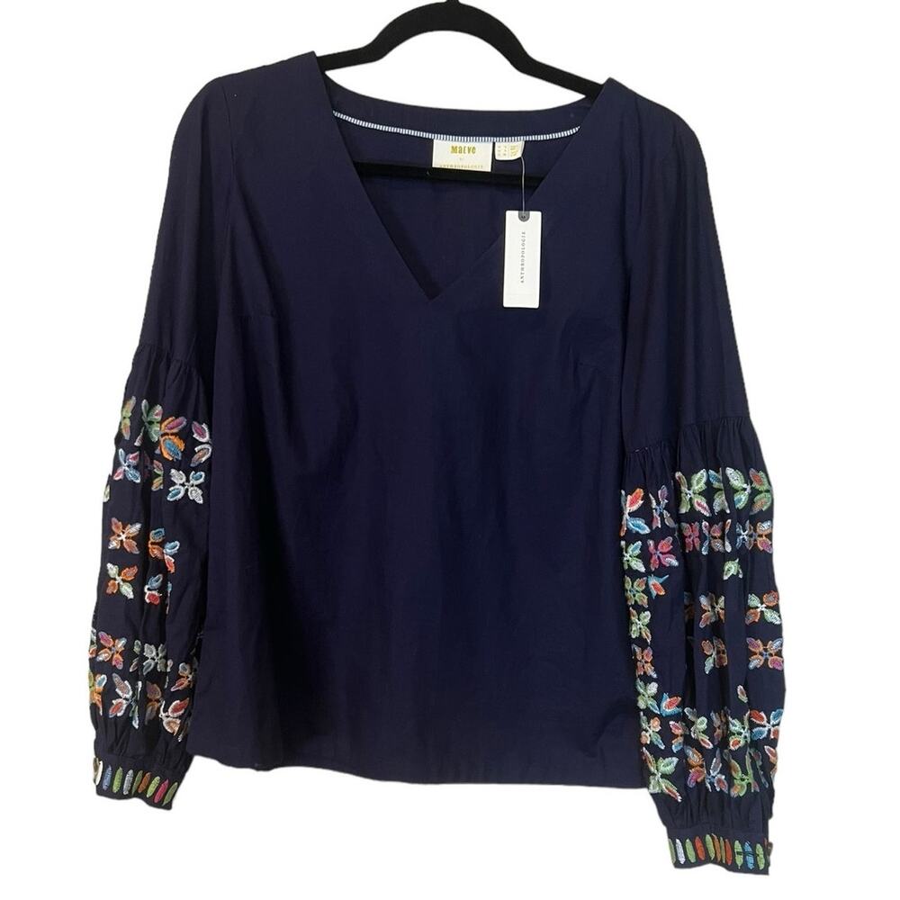 Anthropologie Maeve Sonja Blouse Blue Embroidered V-Neck Cotton Long Sleeve Top